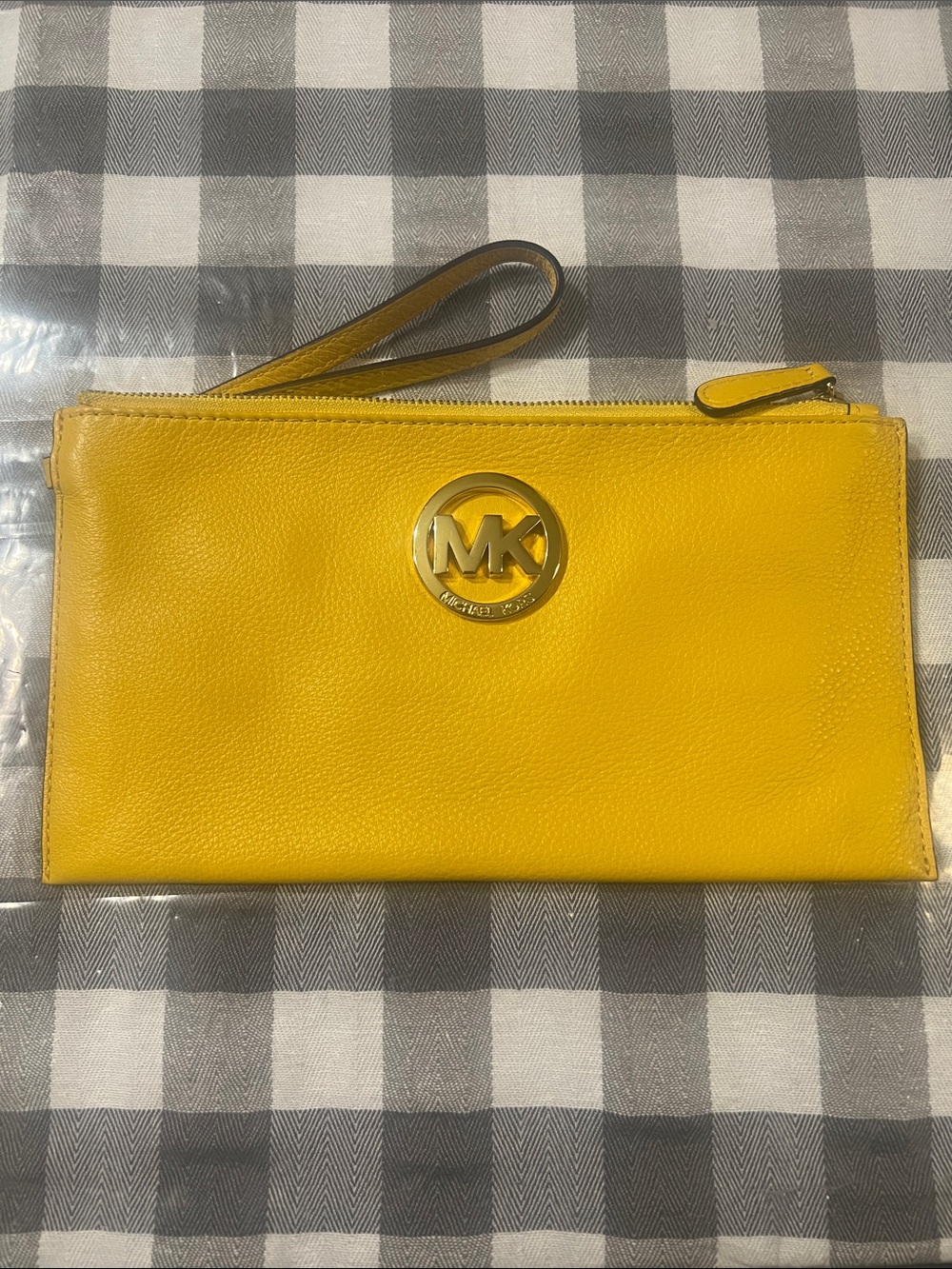 Michael Kors Yellow Leather Wristlet Clutch with Gold MK Accent
